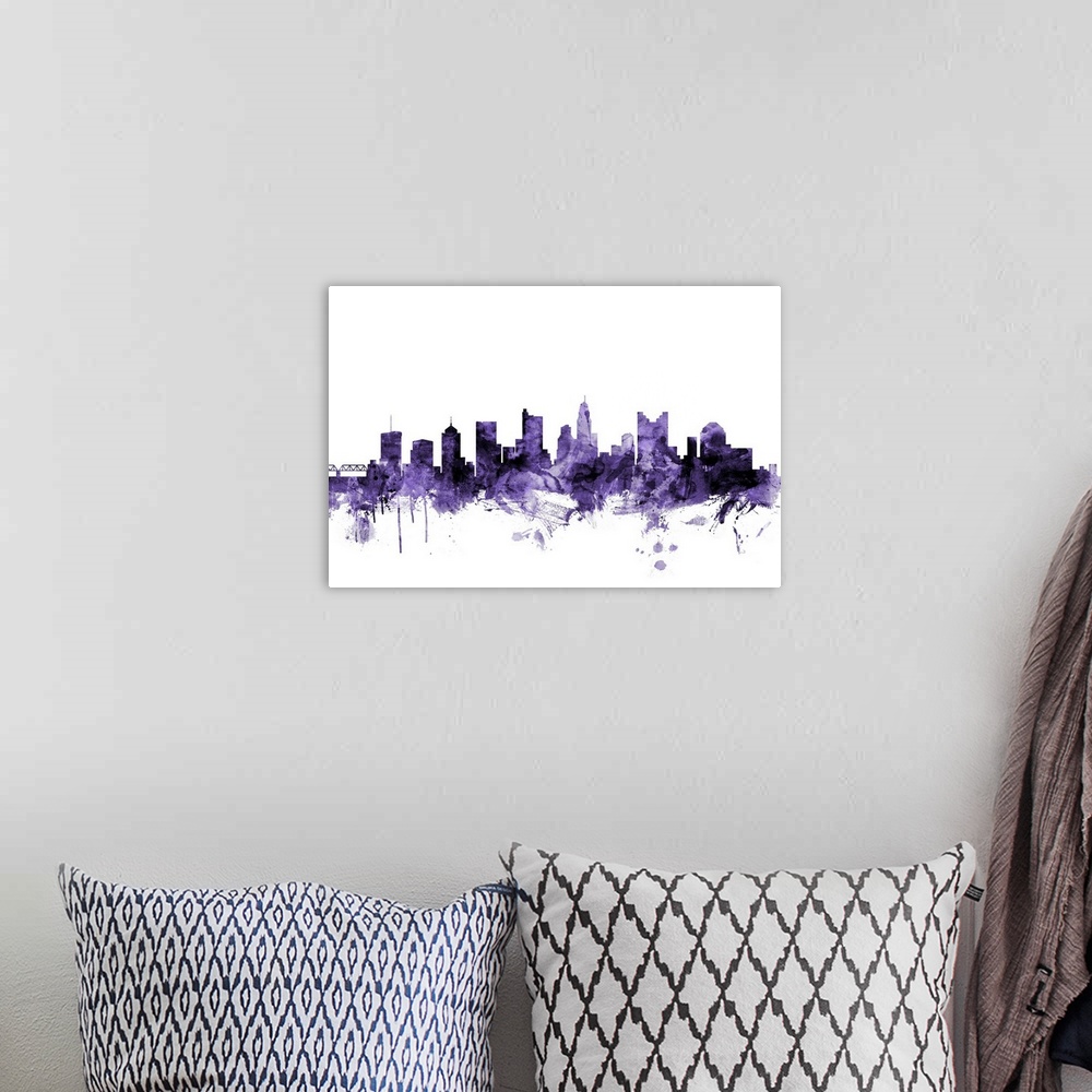 A bohemian room featuring Watercolor art print of the skyline of Columbus, Ohio, United States