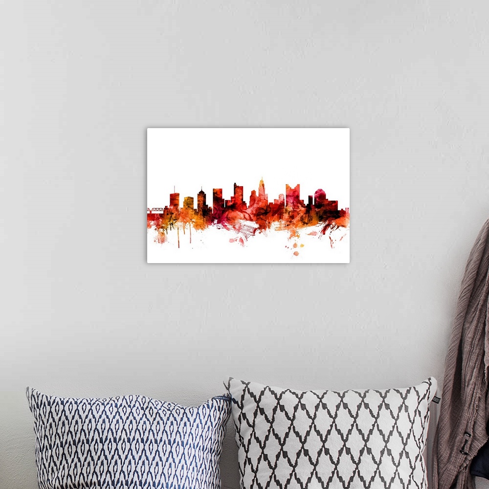 A bohemian room featuring Watercolor art print of the skyline of Columbus, Ohio, United States.