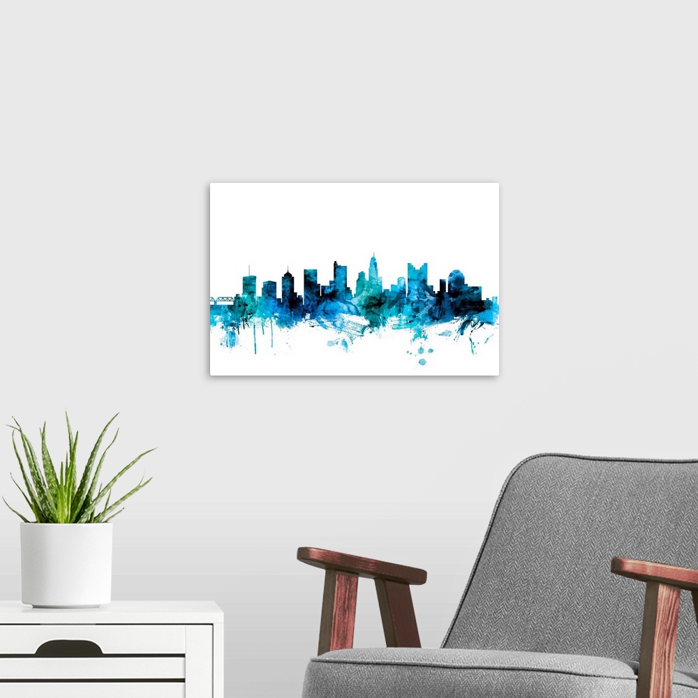 A modern room featuring Watercolor art print of the skyline of Columbus, Ohio, United States.