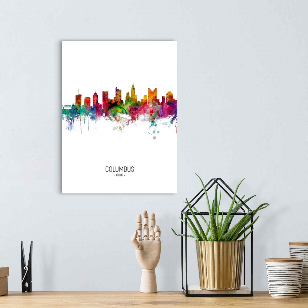 A bohemian room featuring Watercolor art print of the skyline of Columbus, Ohio, United States