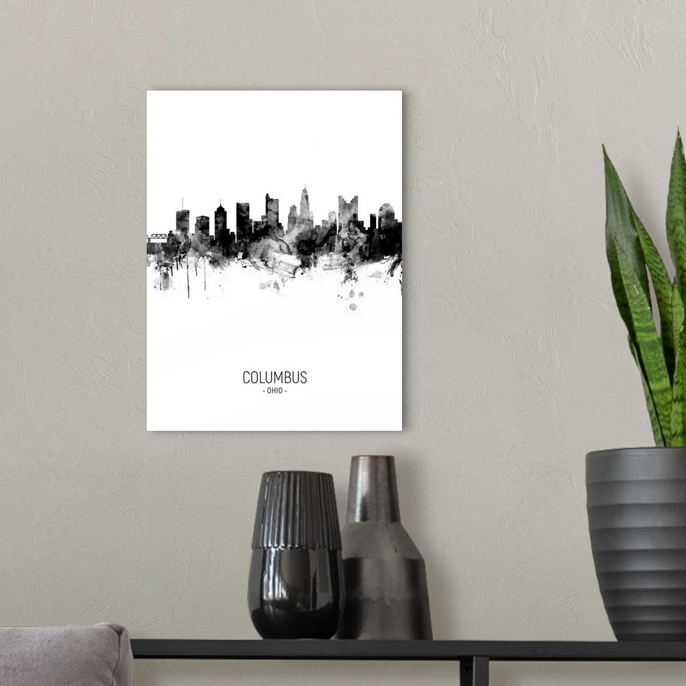 A modern room featuring Watercolor art print of the skyline of Columbus, Ohio, United States
