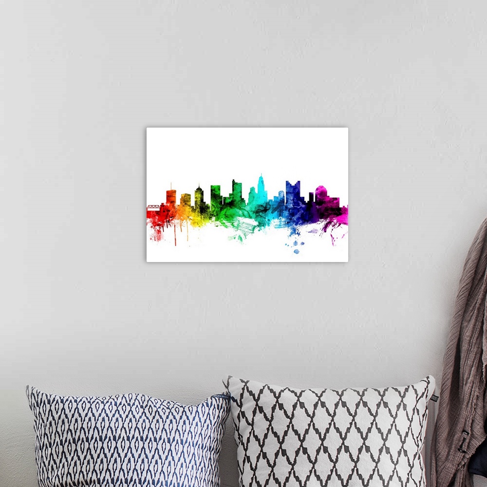 A bohemian room featuring Watercolor art print of the skyline of Columbus, Ohio, United States.
