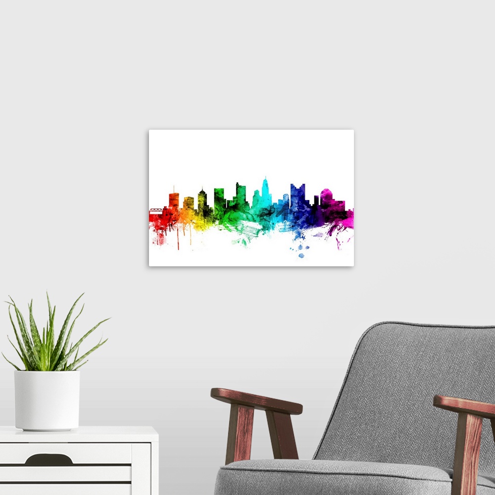 A modern room featuring Watercolor art print of the skyline of Columbus, Ohio, United States.