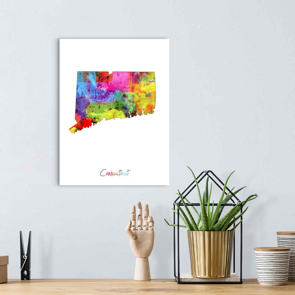 A bohemian room featuring Contemporary artwork of a map of Connecticut made of colorful paint splashes.