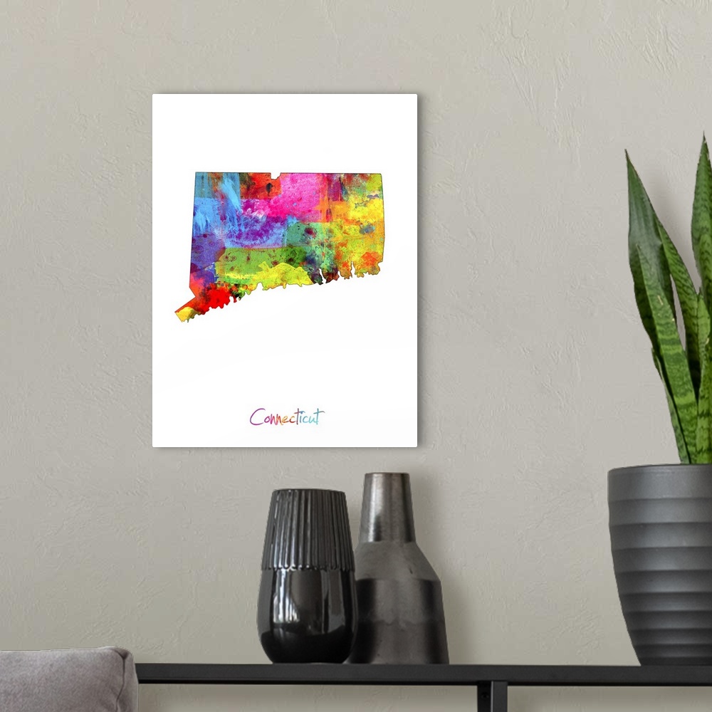 A modern room featuring Contemporary artwork of a map of Connecticut made of colorful paint splashes.