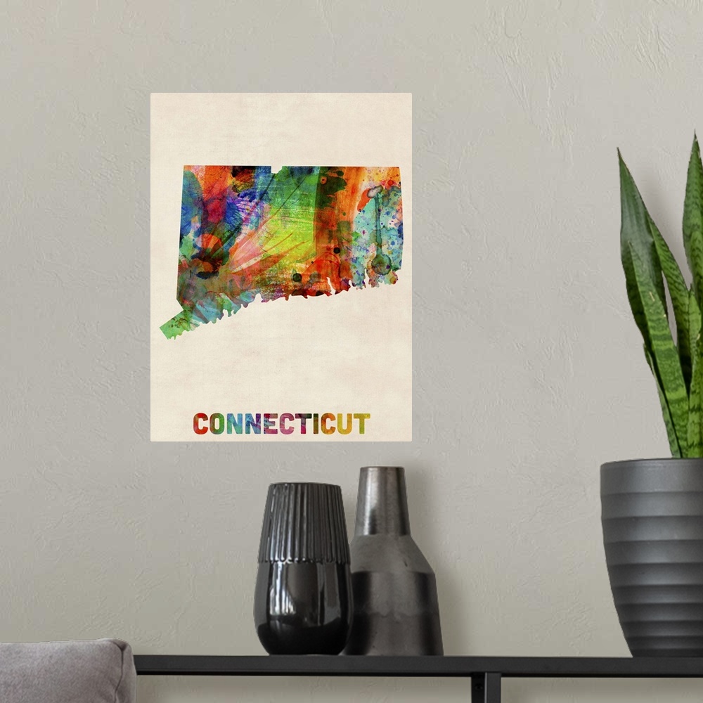 A modern room featuring Contemporary piece of artwork of a map of Connecticut made up of watercolor splashes.