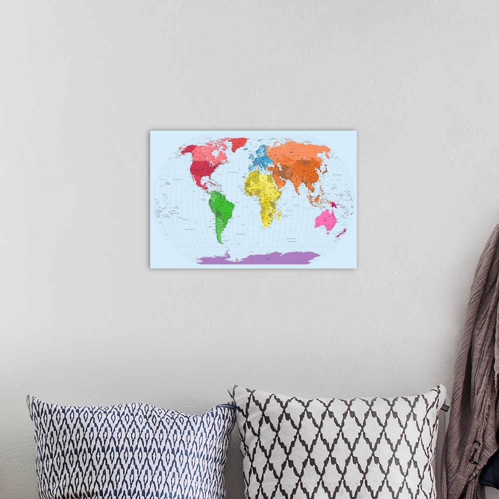A bohemian room featuring Educational wall art for the home or class room a world map where each continent and the individu...