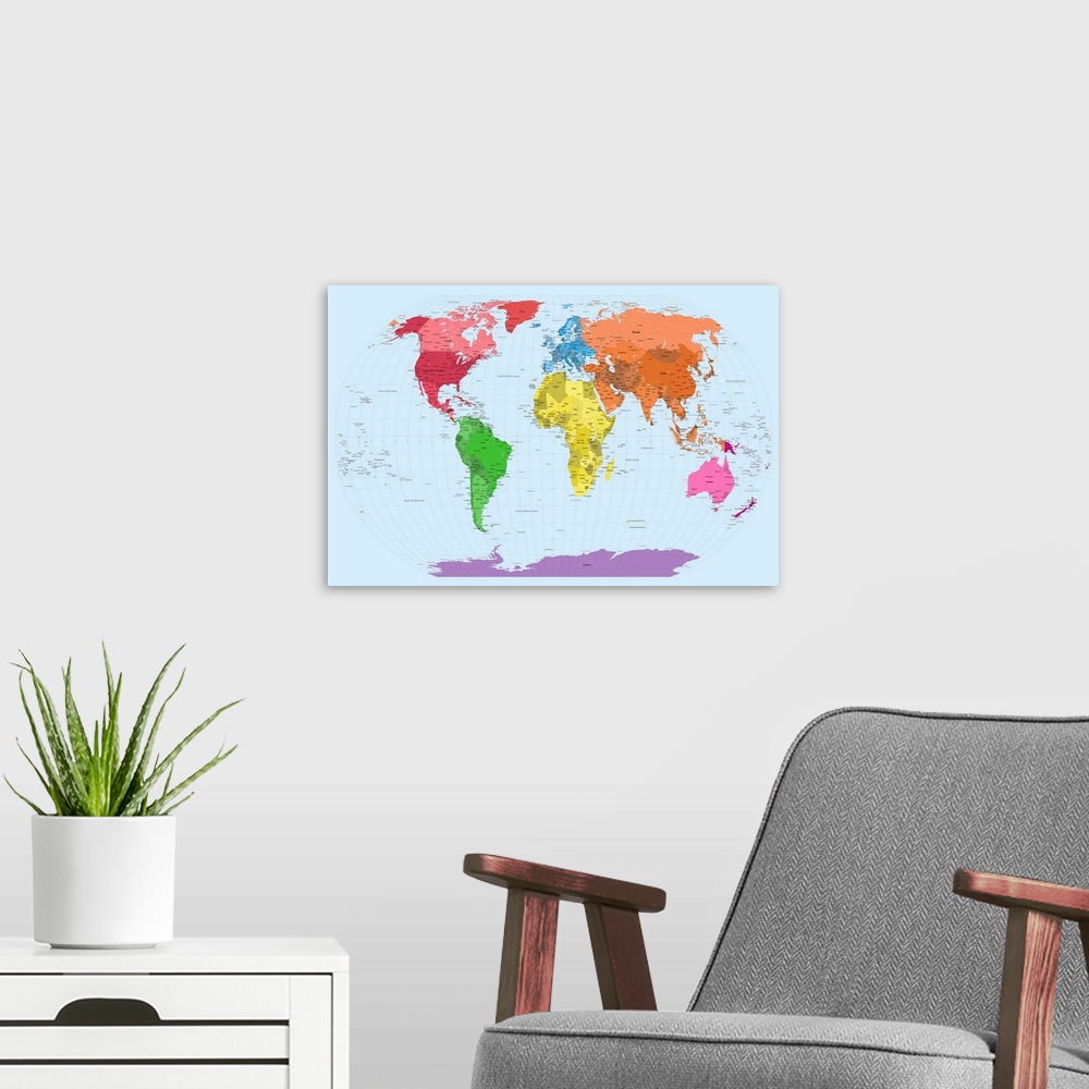 A modern room featuring Educational wall art for the home or class room a world map where each continent and the individu...