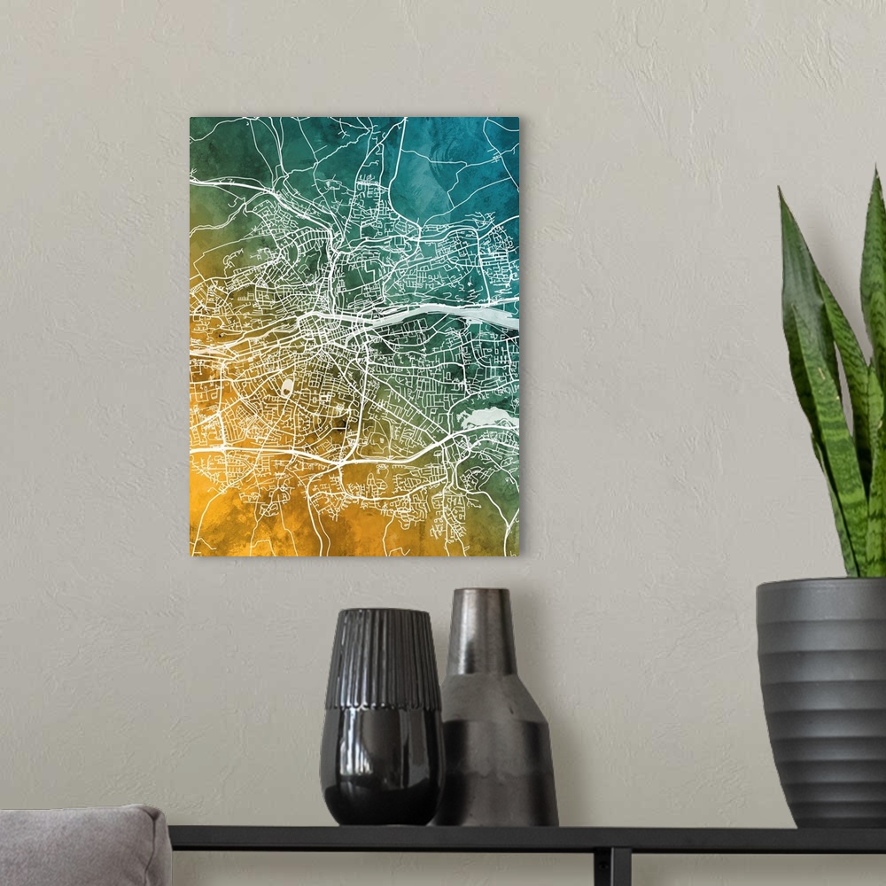 A modern room featuring Watercolor street map of Cork, Ireland.
