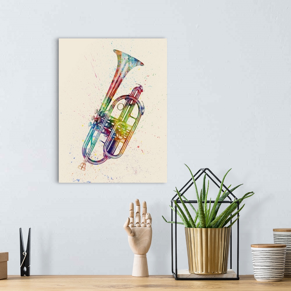 A bohemian room featuring An abstract watercolor print of a Cornet.
