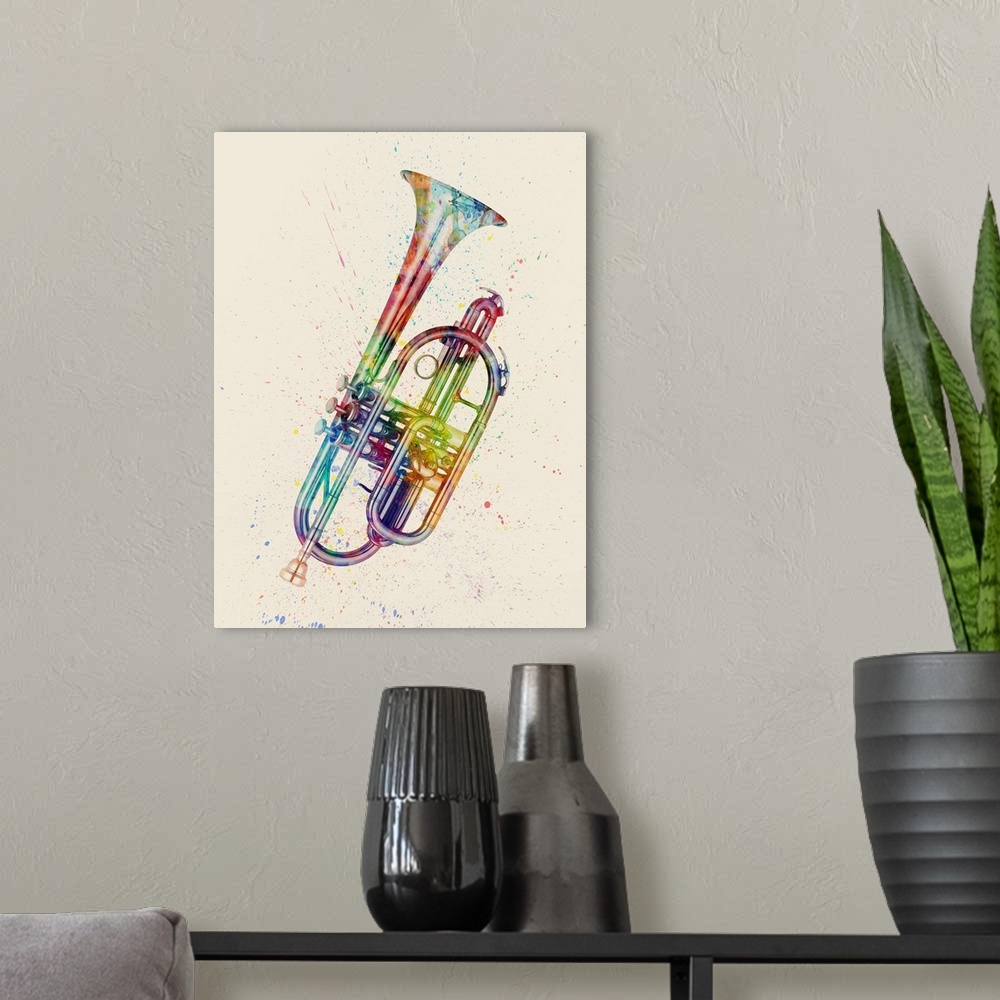 A modern room featuring An abstract watercolor print of a Cornet.