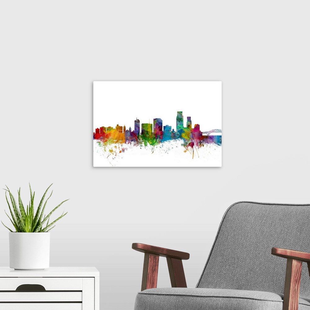 A modern room featuring Watercolor artwork of the Corpus Christie skyline against a white background.