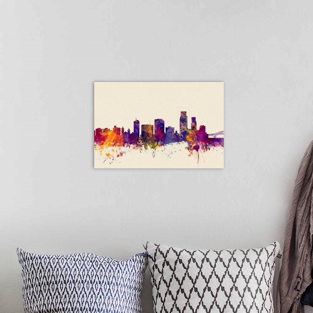 A bohemian room featuring Contemporary artwork of the Corpus Christie city skyline in watercolor paint splashes.