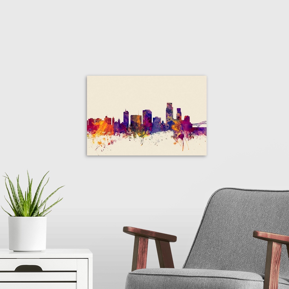 A modern room featuring Contemporary artwork of the Corpus Christie city skyline in watercolor paint splashes.