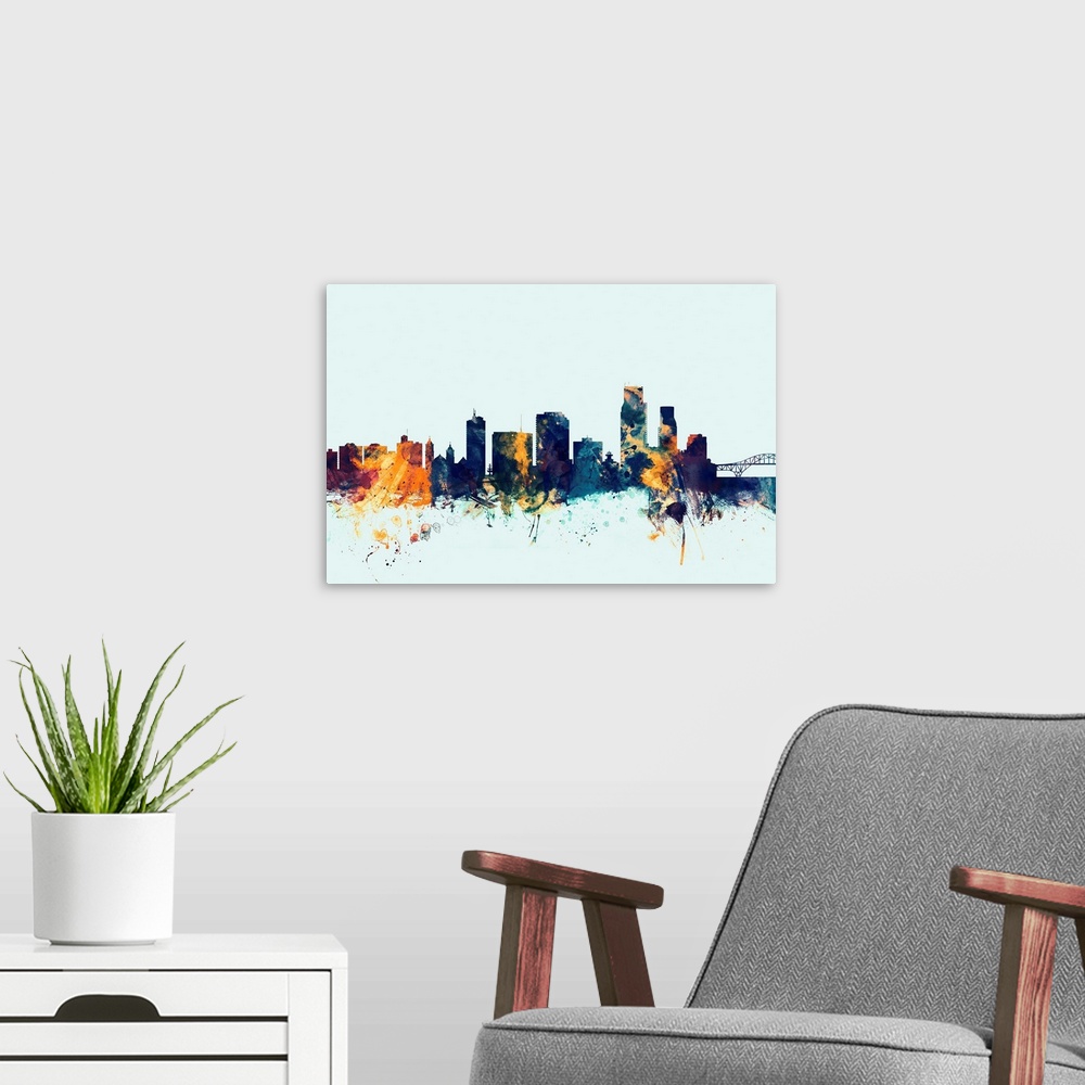 A modern room featuring Dark watercolor silhouette of the Corpus Christie city skyline against a light blue background.
