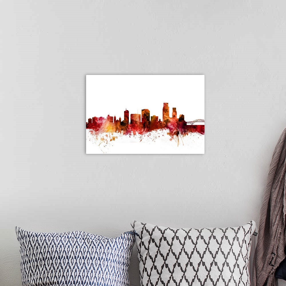 A bohemian room featuring Watercolor art print of the skyline of Corpus Christie, Texas, United States.