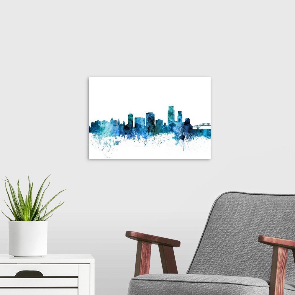 A modern room featuring Watercolor art print of the skyline of Corpus Christie, Texas, United States.