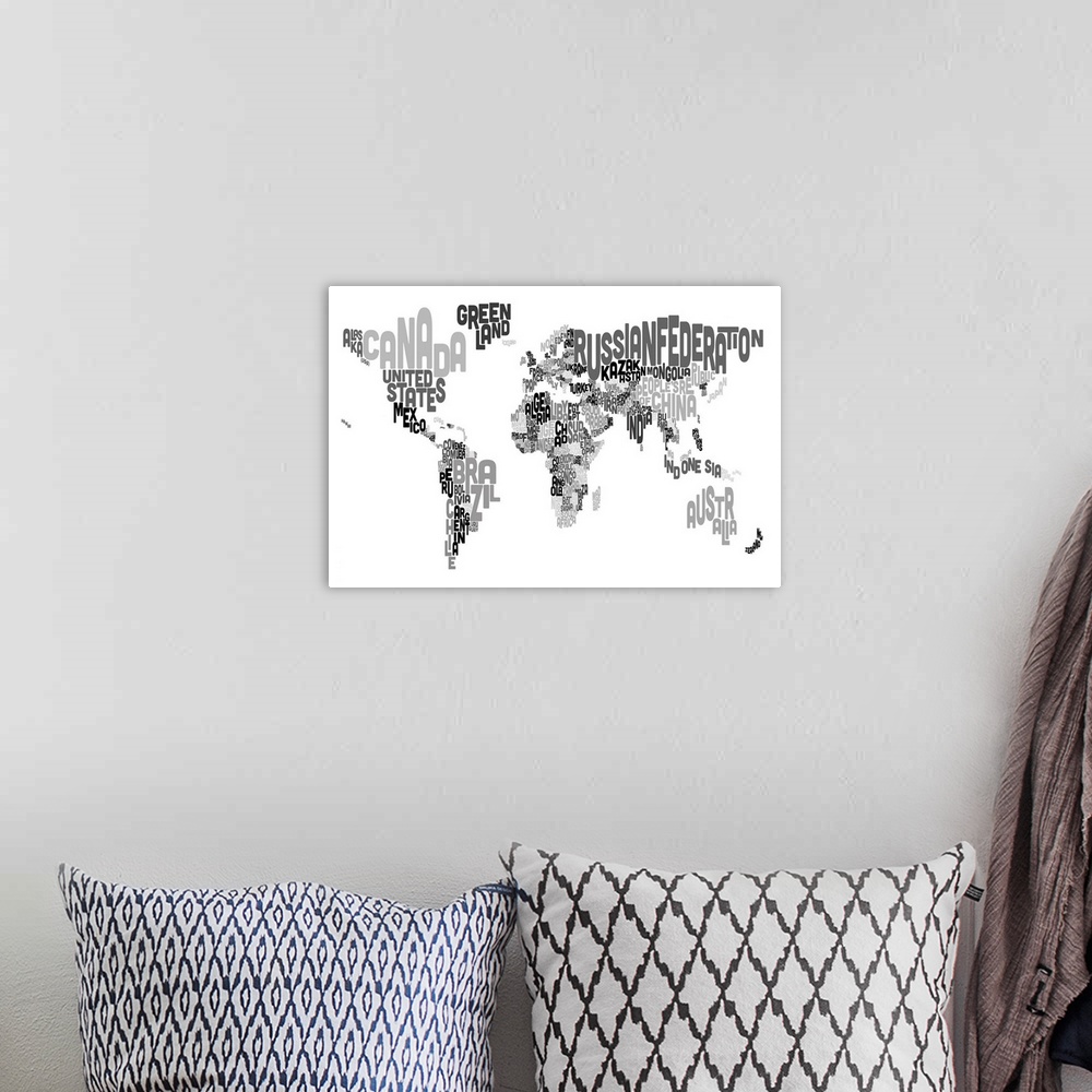A bohemian room featuring Country Names World Map, Black and White