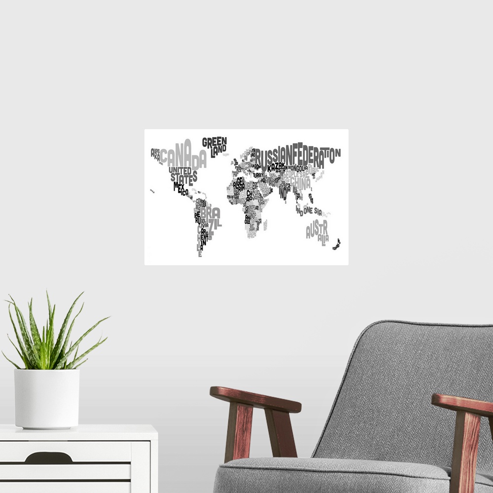 A modern room featuring Country Names World Map, Black and White