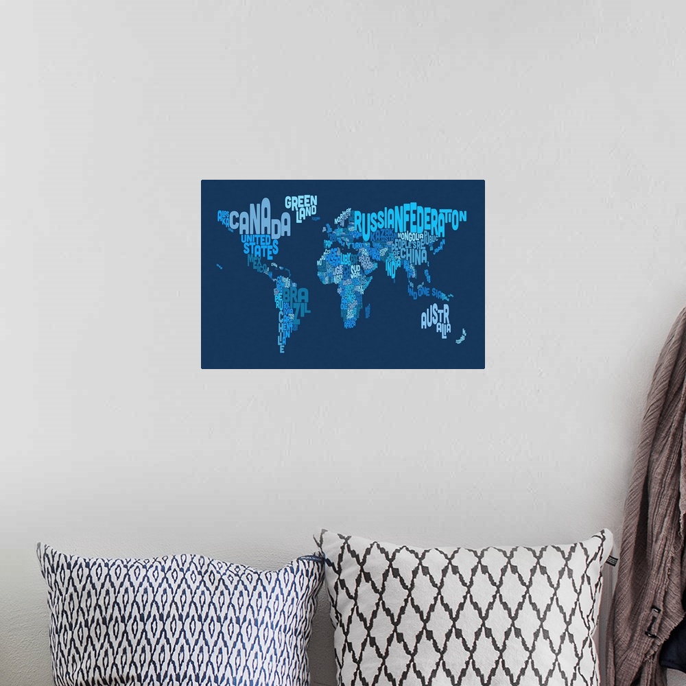 A bohemian room featuring Country Names World Map, Blue
