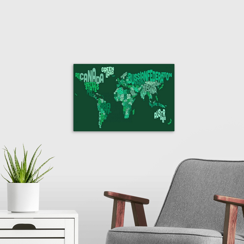 A modern room featuring Country Names World Map, Green