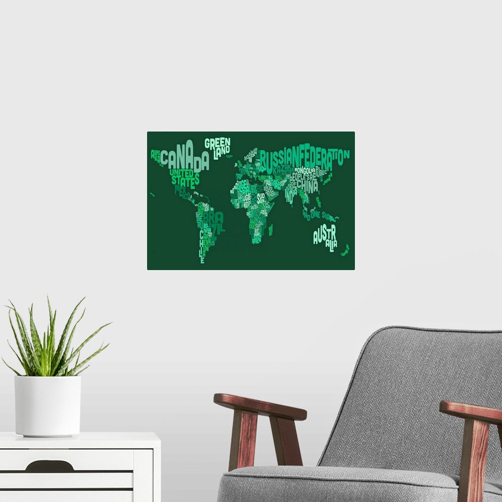 A modern room featuring Country Names World Map, Green