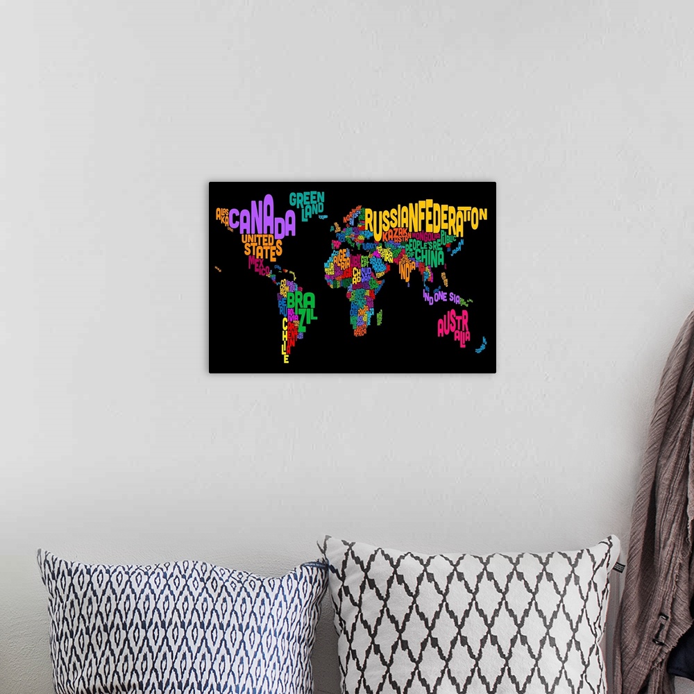 A bohemian room featuring Country Names World Map, Multicolor on Black