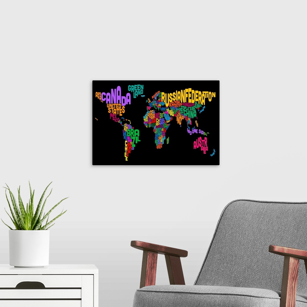 A modern room featuring Country Names World Map, Multicolor on Black