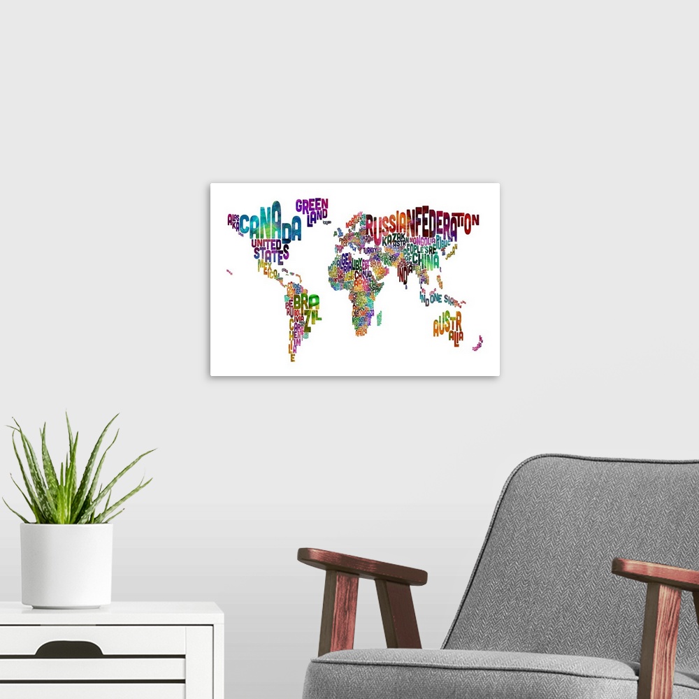 A modern room featuring Typography art work of a world map with countries created with their names filling the shape of t...