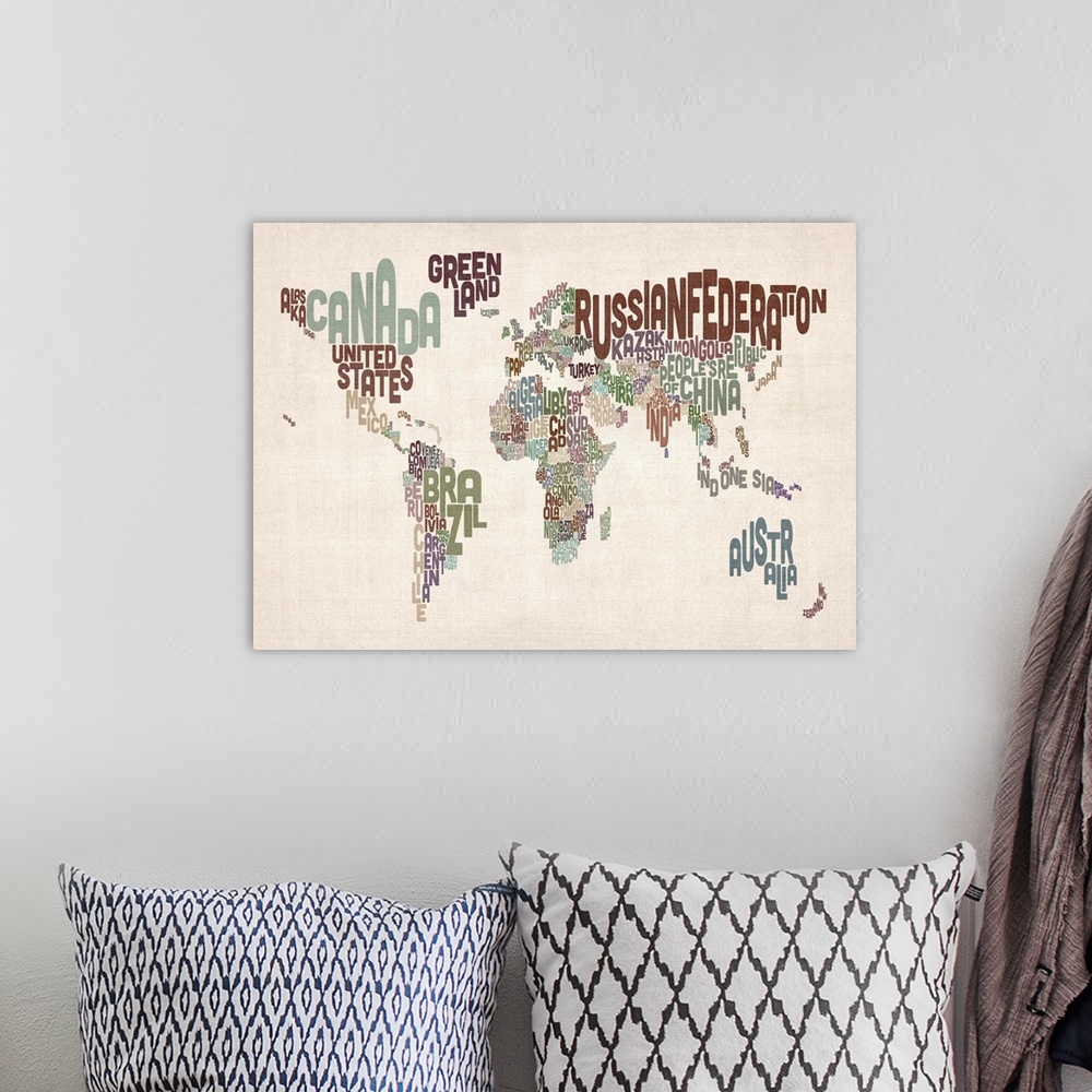 A bohemian room featuring Typographic map where the countries and continents are created with their names in a neutral colo...