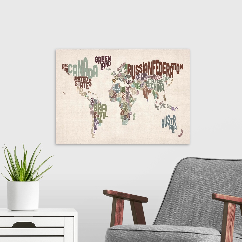 A modern room featuring Typographic map where the countries and continents are created with their names in a neutral colo...