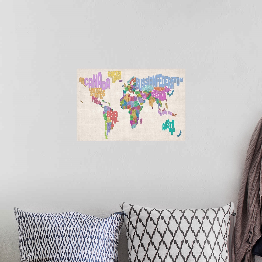 A bohemian room featuring Country Names World Map, Pastel Colors on Parchment