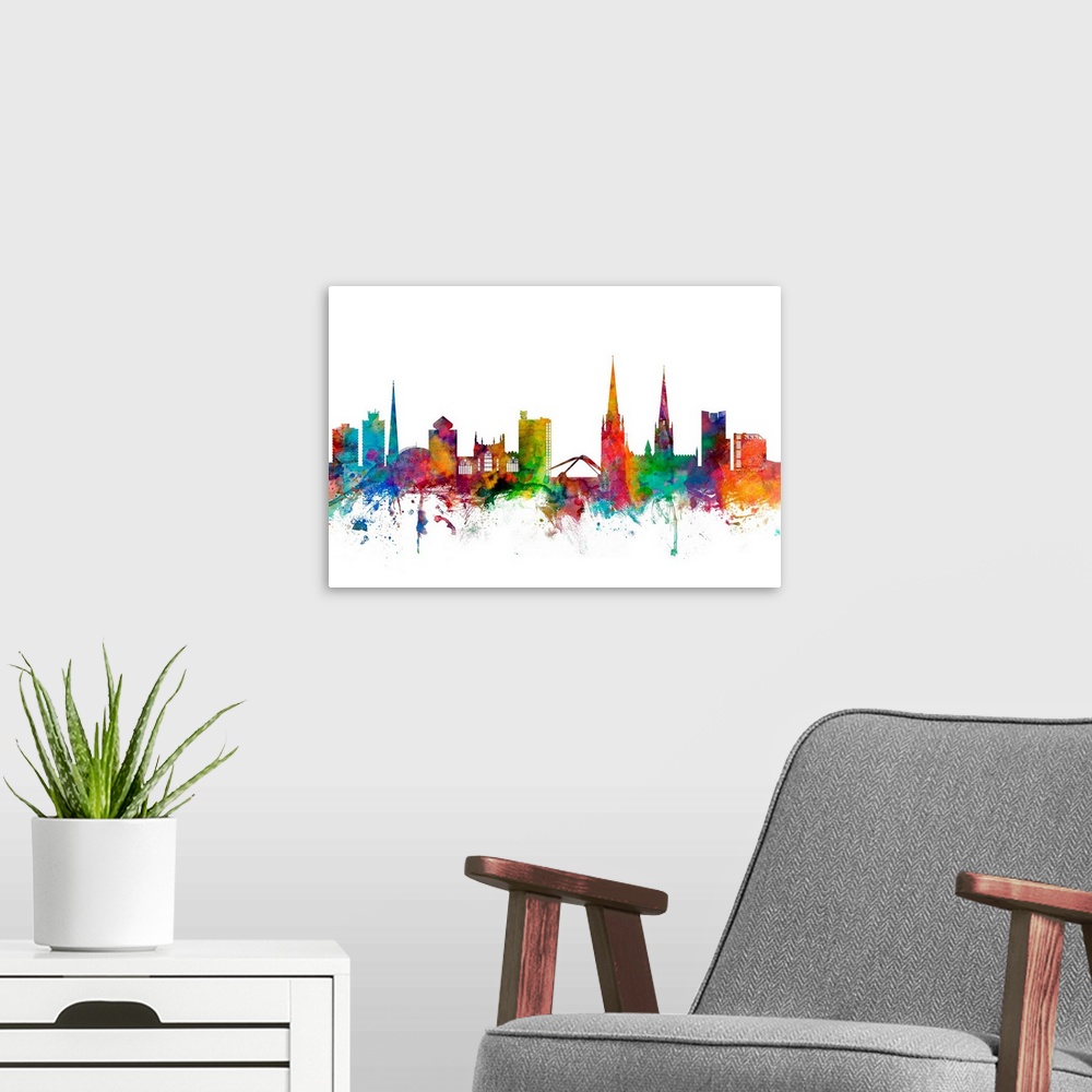 A modern room featuring Contemporary piece of artwork of the Coventry, England skyline made of colorful paint splashes.