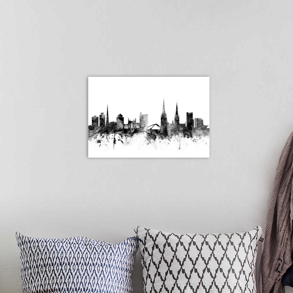 A bohemian room featuring Contemporary artwork of the Coventry city skyline in black watercolor paint splashes.