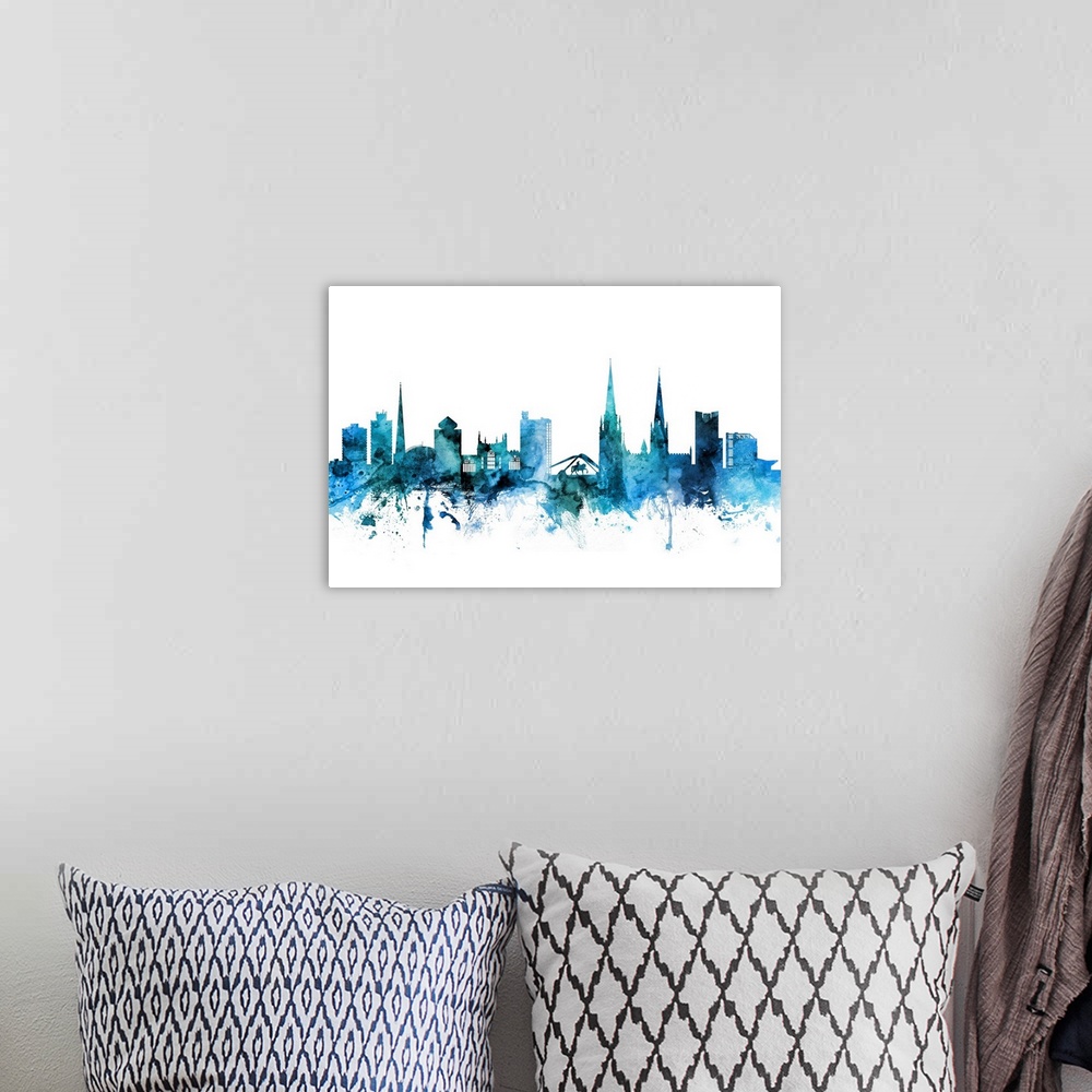 A bohemian room featuring Watercolor art print of the skyline of Coventry, England, United Kingdom.
