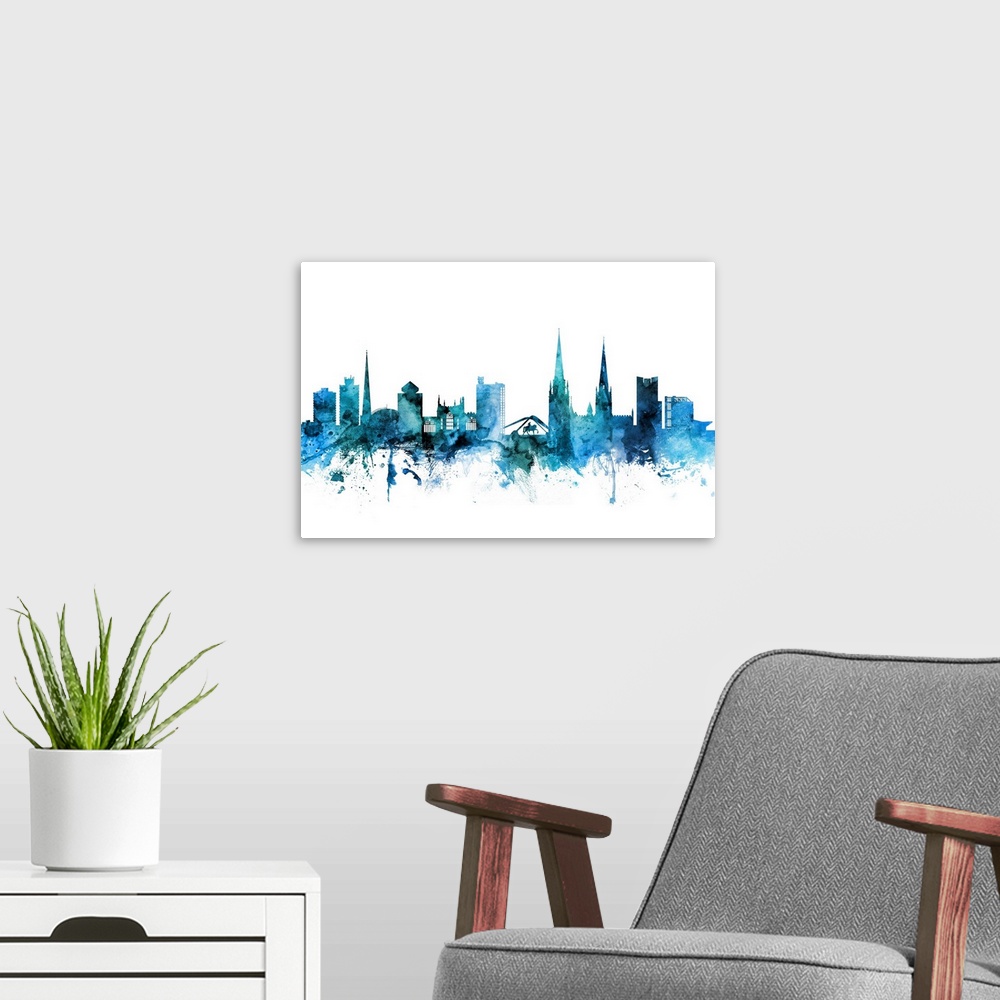 A modern room featuring Watercolor art print of the skyline of Coventry, England, United Kingdom.