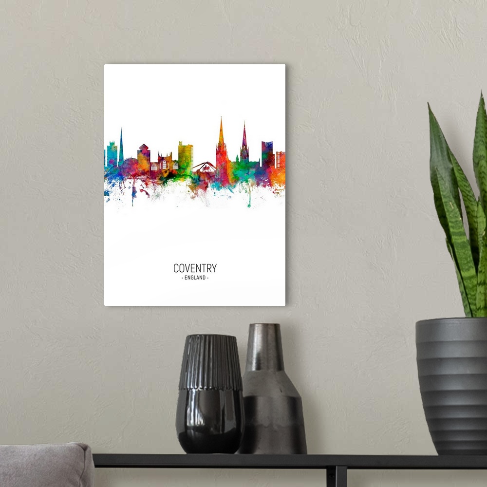 A modern room featuring Watercolor art print of the skyline of Coventry, England, United Kingdom