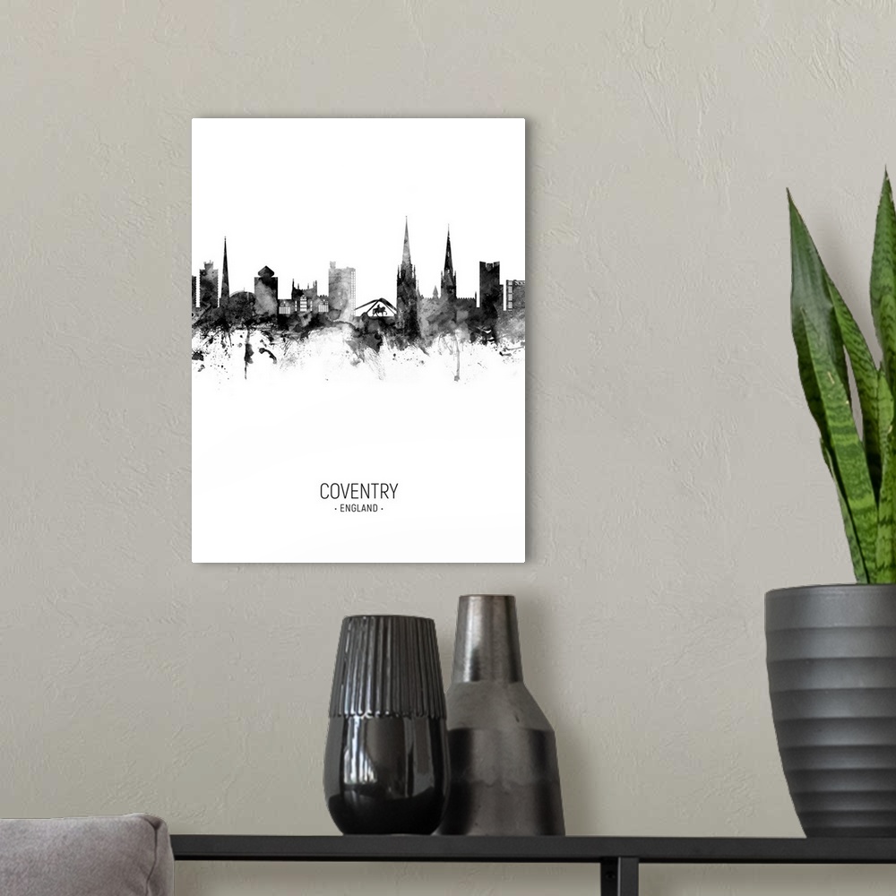 A modern room featuring Watercolor art print of the skyline of Coventry, England, United Kingdom