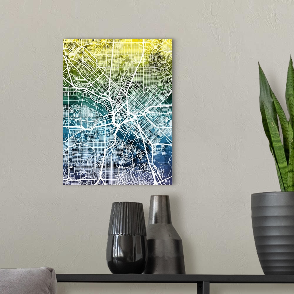 A modern room featuring Watercolor street map of Dallas, Texas, United States