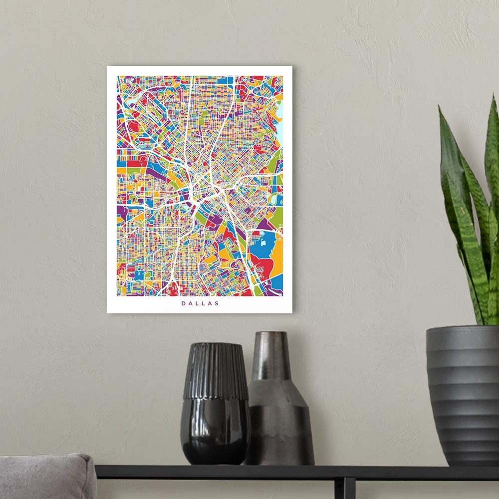 A modern room featuring A street map of Dallas, Texas, United States, with land areas colored green, blue, yellow, red an...