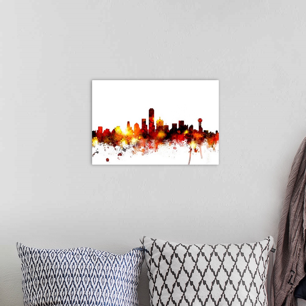 A bohemian room featuring Contemporary piece of artwork of the Dallas skyline made of colorful paint splashes.