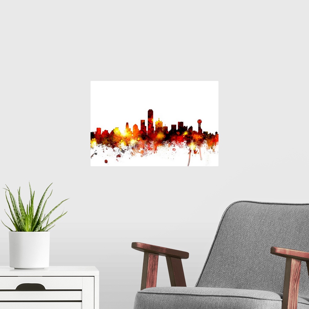 A modern room featuring Contemporary piece of artwork of the Dallas skyline made of colorful paint splashes.