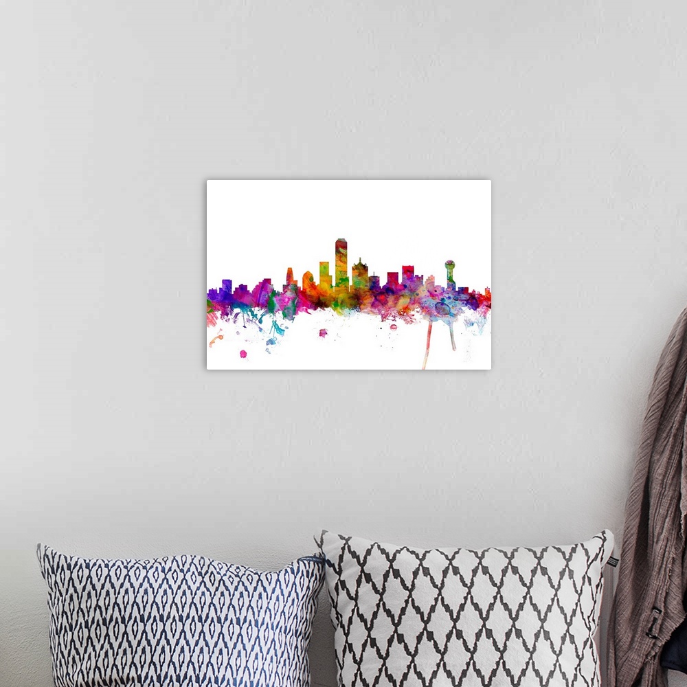 A bohemian room featuring Watercolor artwork of the Dallas skyline against a white background.