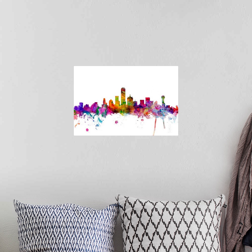 A bohemian room featuring Watercolor artwork of the Dallas skyline against a white background.