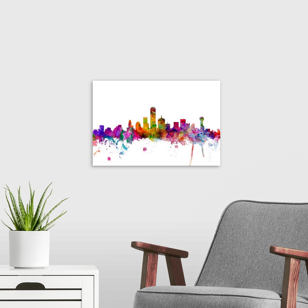 A modern room featuring Watercolor artwork of the Dallas skyline against a white background.