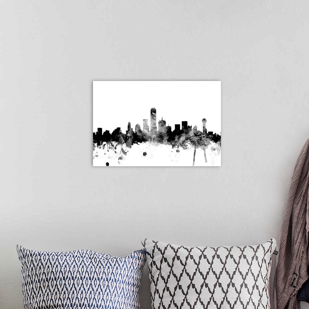 A bohemian room featuring Contemporary artwork of the Dallas city skyline in black watercolor paint splashes.