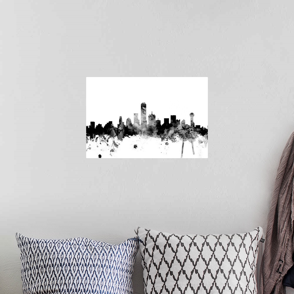 A bohemian room featuring Contemporary artwork of the Dallas city skyline in black watercolor paint splashes.