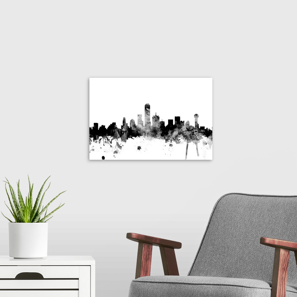 A modern room featuring Contemporary artwork of the Dallas city skyline in black watercolor paint splashes.