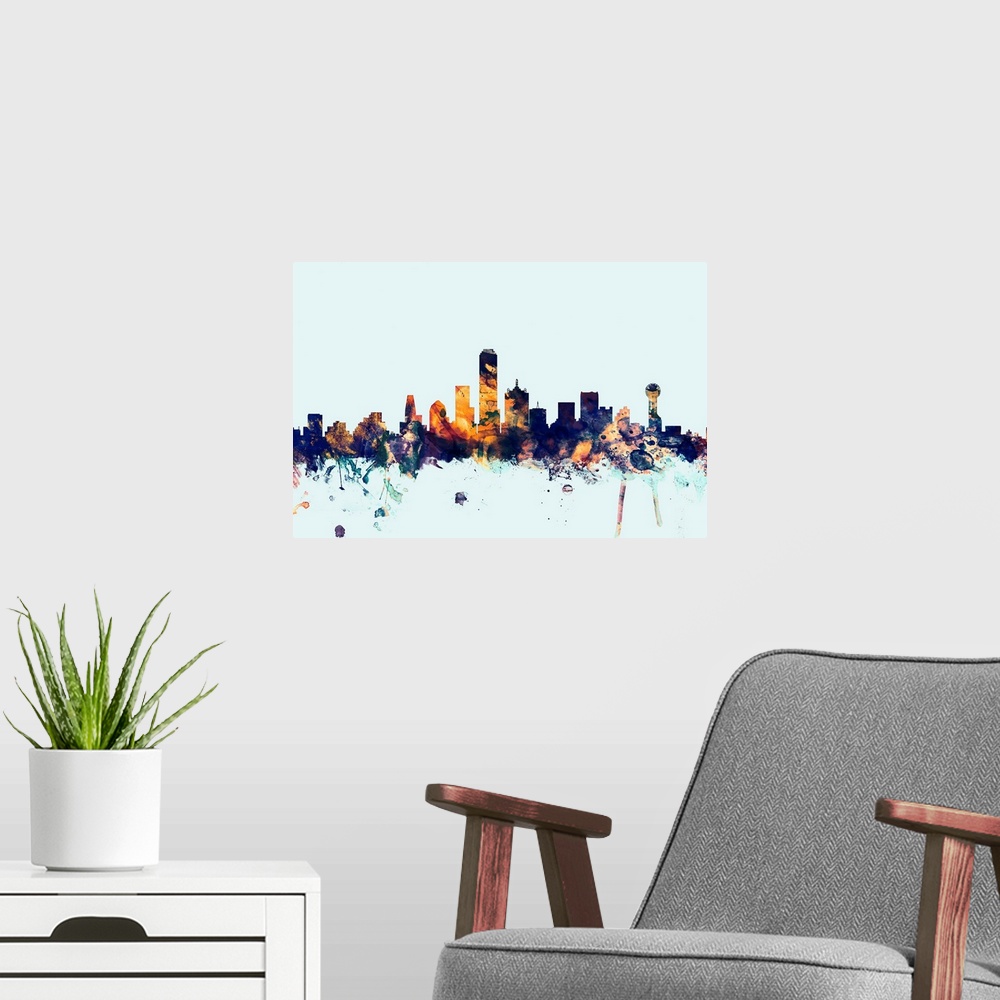 A modern room featuring Dark watercolor silhouette of the Dallas city skyline against a light blue background.