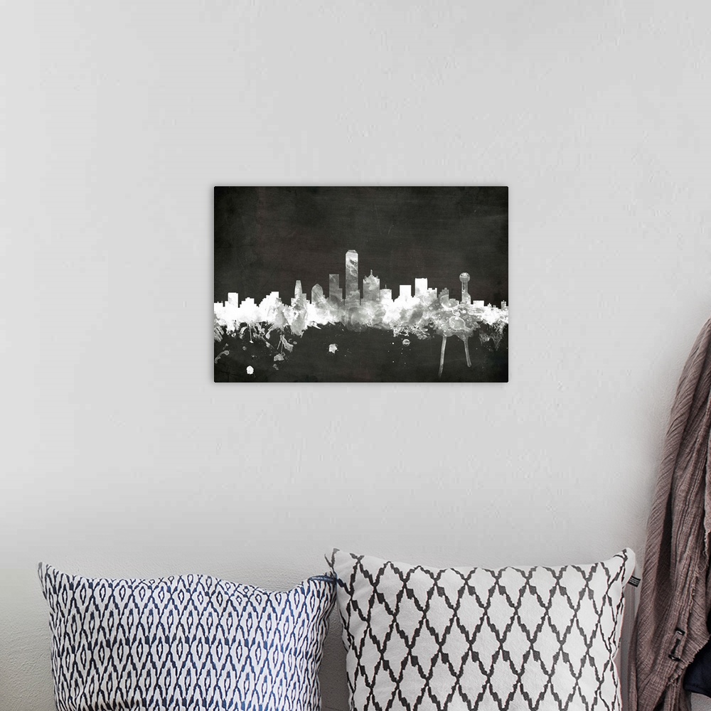 A bohemian room featuring Smokey dark watercolor silhouette of the Dallas city skyline against chalkboard background.
